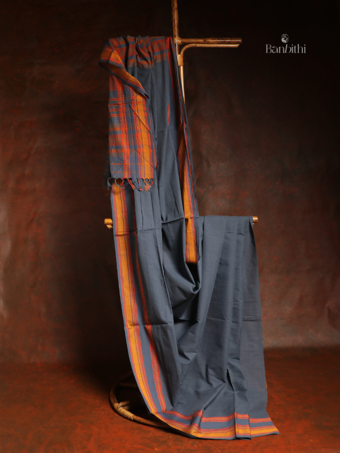 Pure Cotton Handwoven Dhaniakhali Saree – Ash Grey 2