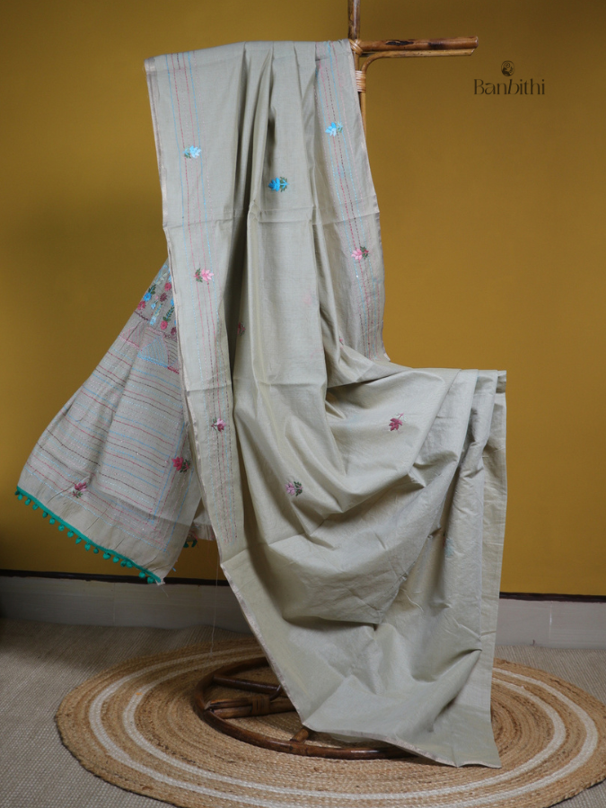Silver Grey Multicolour Stitch Saree
