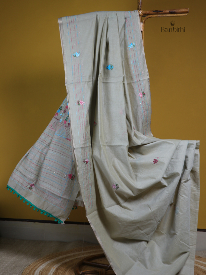 Silver Grey Multicolour Stitch Saree
