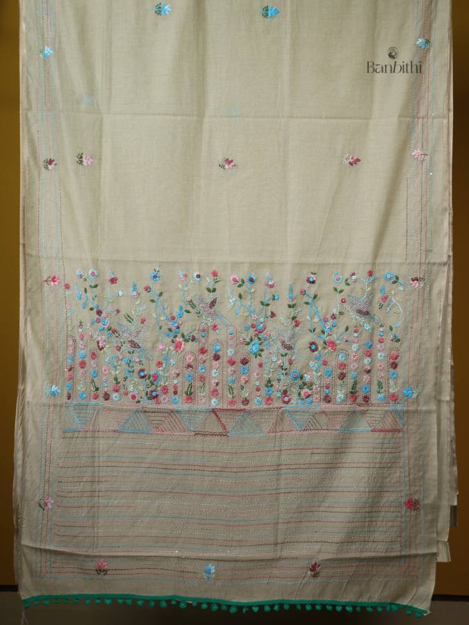 Silver Grey Multicolour Stitch Saree