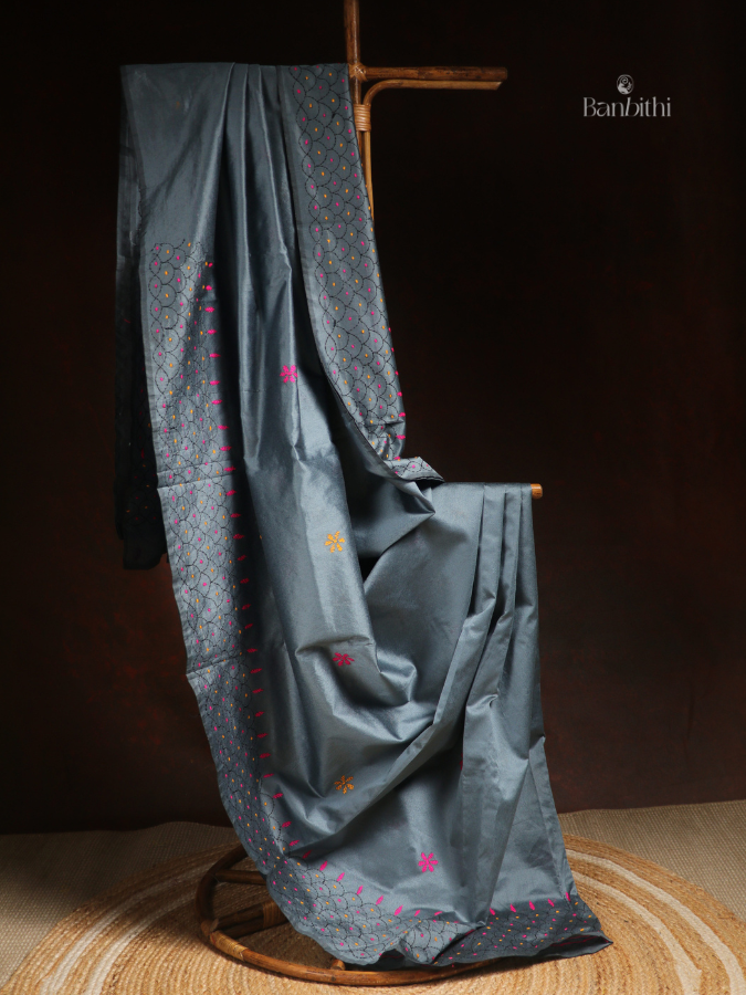 Hand Embroidered Saree – Grey with Yellow & Pink Thread