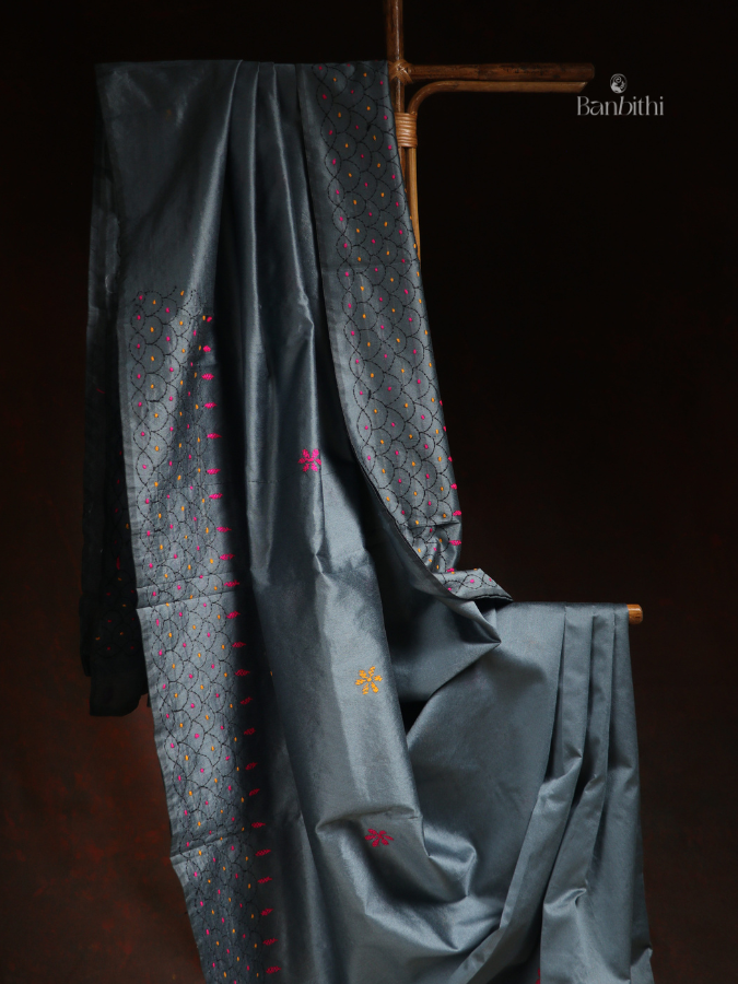 Hand Embroidered Saree – Grey with Yellow & Pink Thread