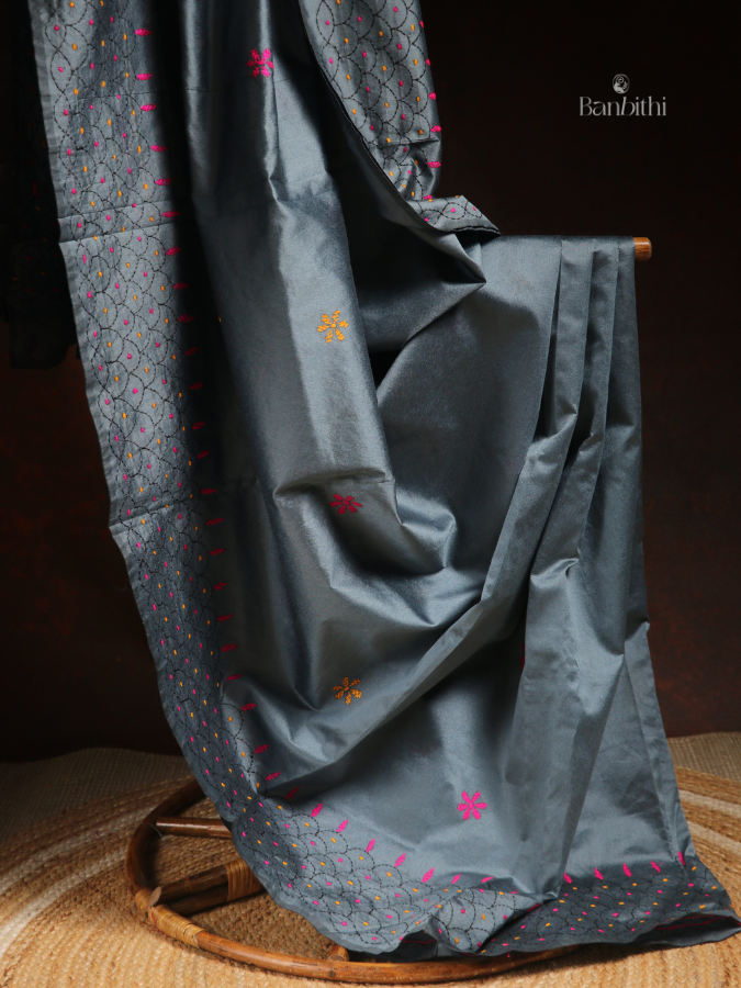 Hand Embroidered Saree – Grey with Yellow & Pink Thread