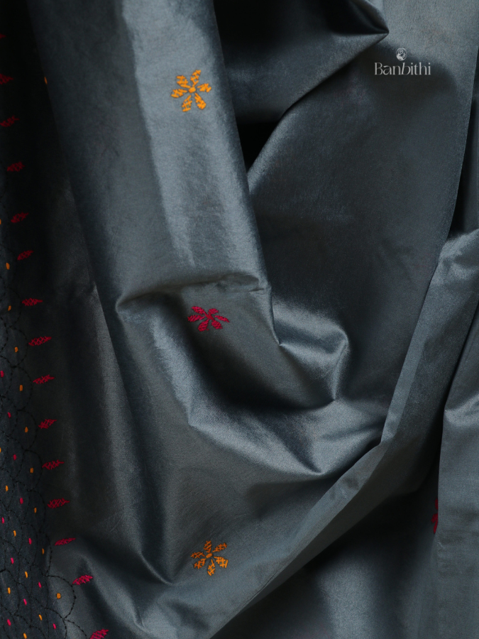 Hand Embroidered Saree – Grey with Yellow & Pink Thread