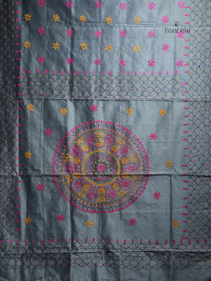 Hand Embroidered Saree – Grey with Yellow & Pink Thread