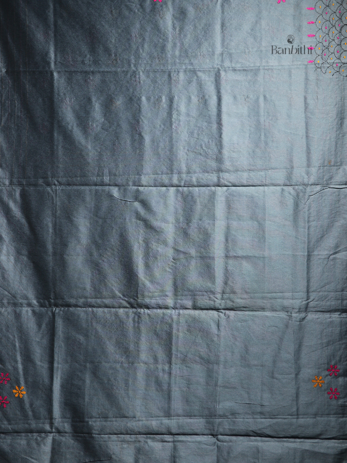 Hand Embroidered Saree – Grey with Yellow & Pink Thread