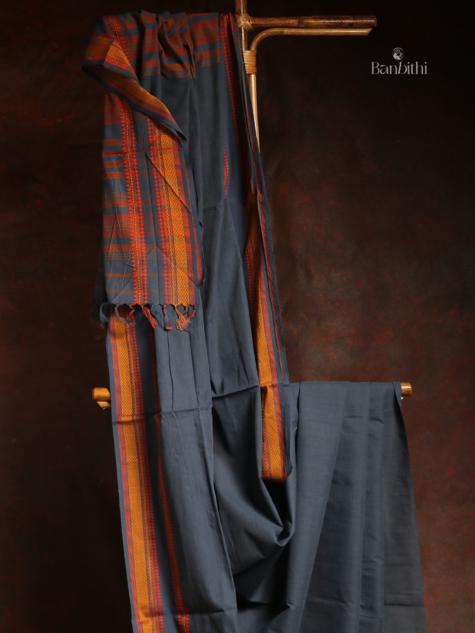 Pure Cotton Handwoven Dhaniakhali Saree – Ash Grey 2