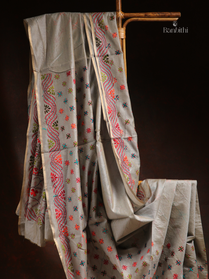 Hand Embroidered Saree – Grey with Multicoloured Thread