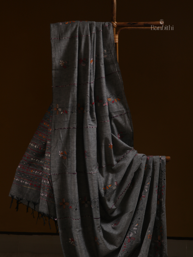 Ash Grey Kantha Heritage Saree