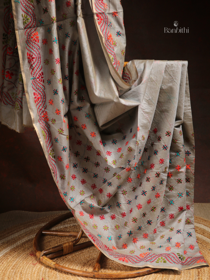 Hand Embroidered Saree – Grey with Multicoloured Thread