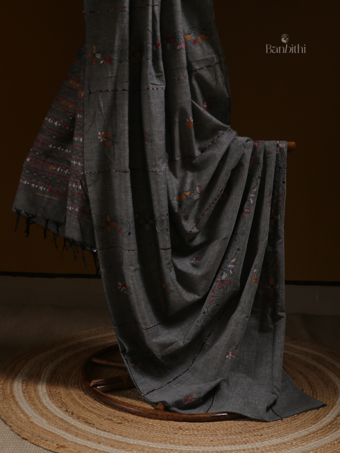 Ash Grey Kantha Heritage Saree