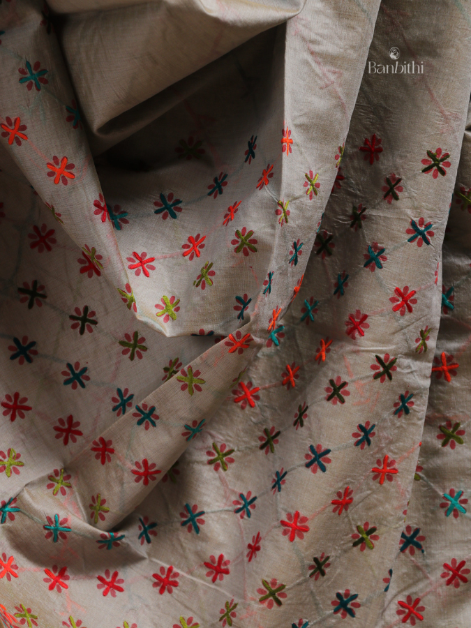 Hand Embroidered Saree – Grey with Multicoloured Thread