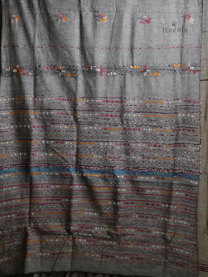 Ash Grey Kantha Heritage Saree