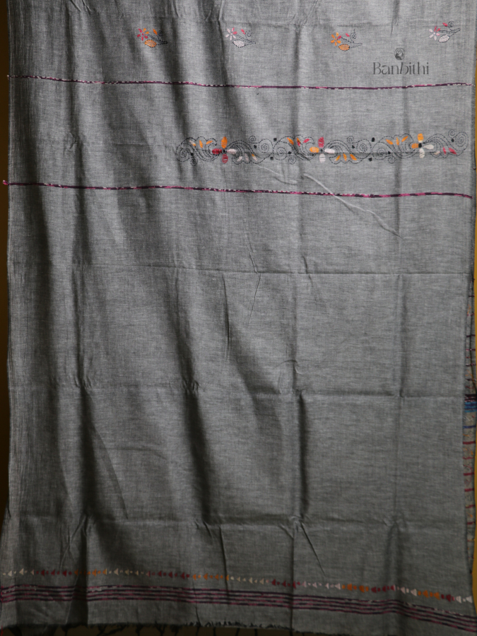 Ash Grey Kantha Heritage Saree