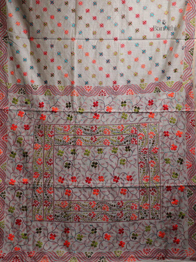 Hand Embroidered Saree – Grey with Multicoloured Thread