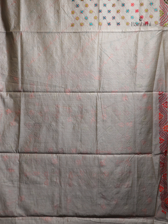 Hand Embroidered Saree – Grey with Multicoloured Thread