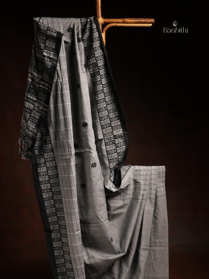 Pure Cotton Handwoven Dhaniakhali Saree – Grey