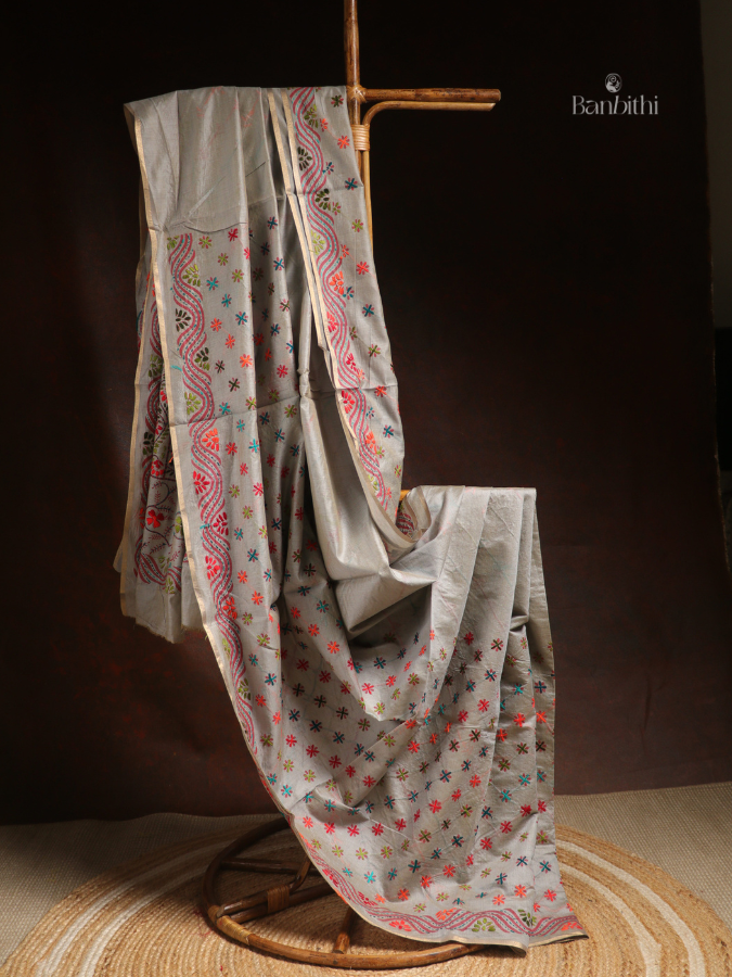 Hand Embroidered Saree – Grey with Multicoloured Thread