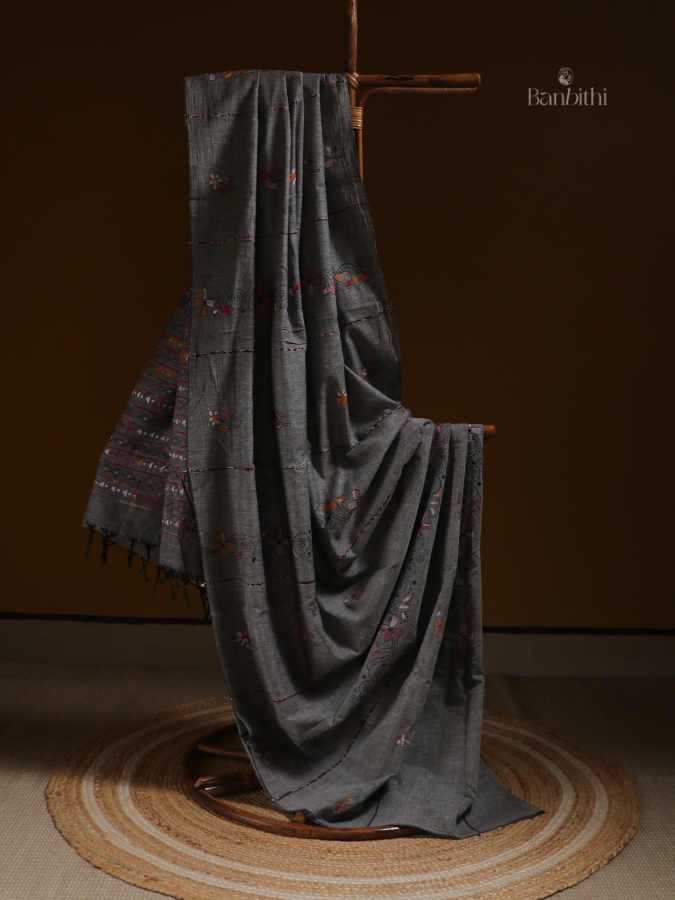 Ash Grey Kantha Heritage Saree