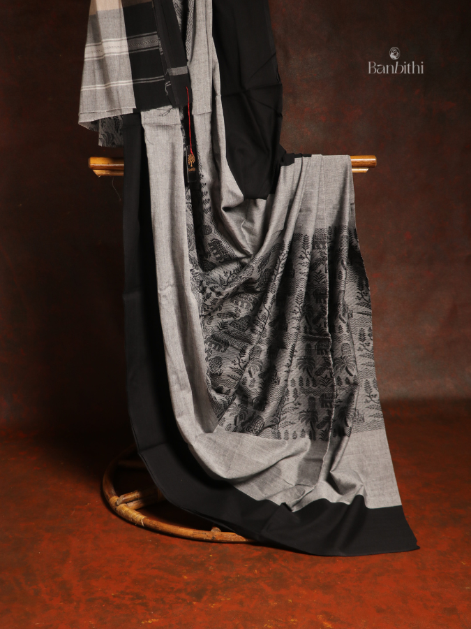 Pure Cotton Handwoven Dhaniakhali Saree – Grey Black