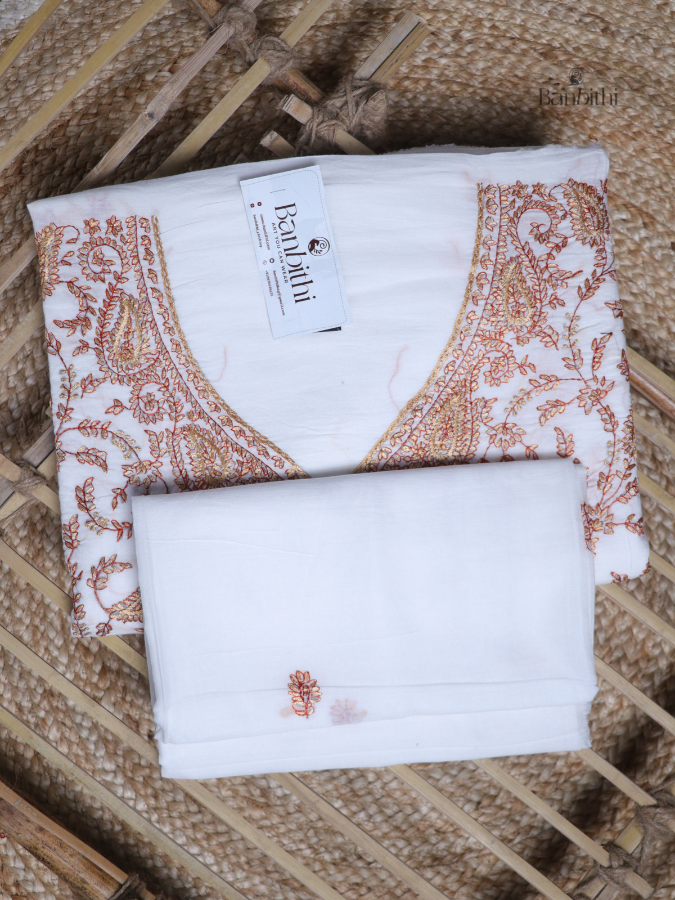 Hand Embroidered Cotton Suit Set – 3 Pcs White with Kashmiri Stitch (V1)