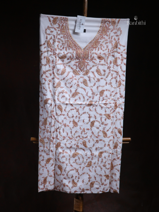 Hand Embroidered Cotton Suit Set – 3 Pcs White with Kashmiri Stitch (V1)