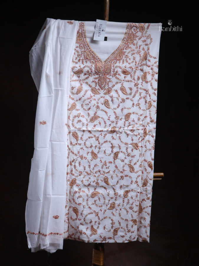 Hand Embroidered Cotton Suit Set – 3 Pcs White with Kashmiri Stitch (V1)