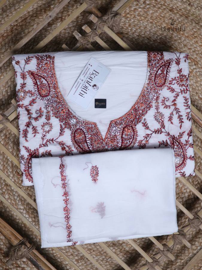 Hand Embroidered Cotton Suit Set – 3 Pcs White with Kashmiri Stitch (V2)