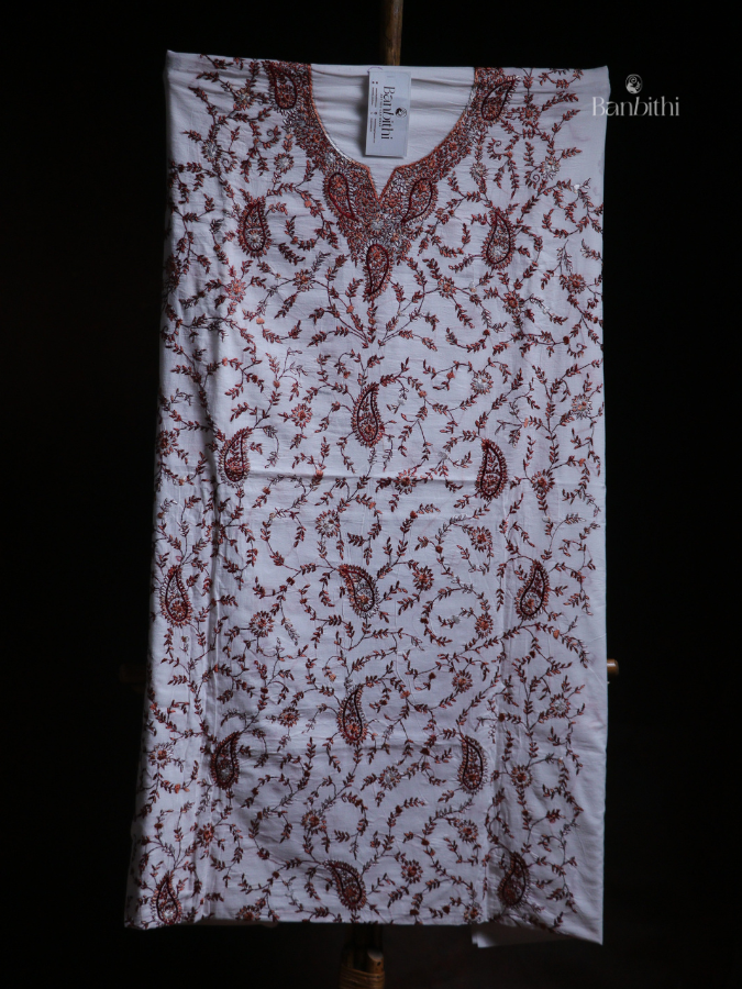 Hand Embroidered Cotton Suit Set – 3 Pcs White with Kashmiri Stitch (V2)