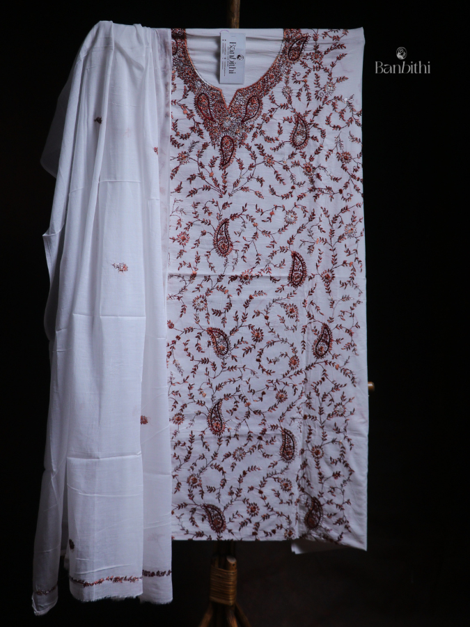Hand Embroidered Cotton Suit Set – 3 Pcs White with Kashmiri Stitch (V2)