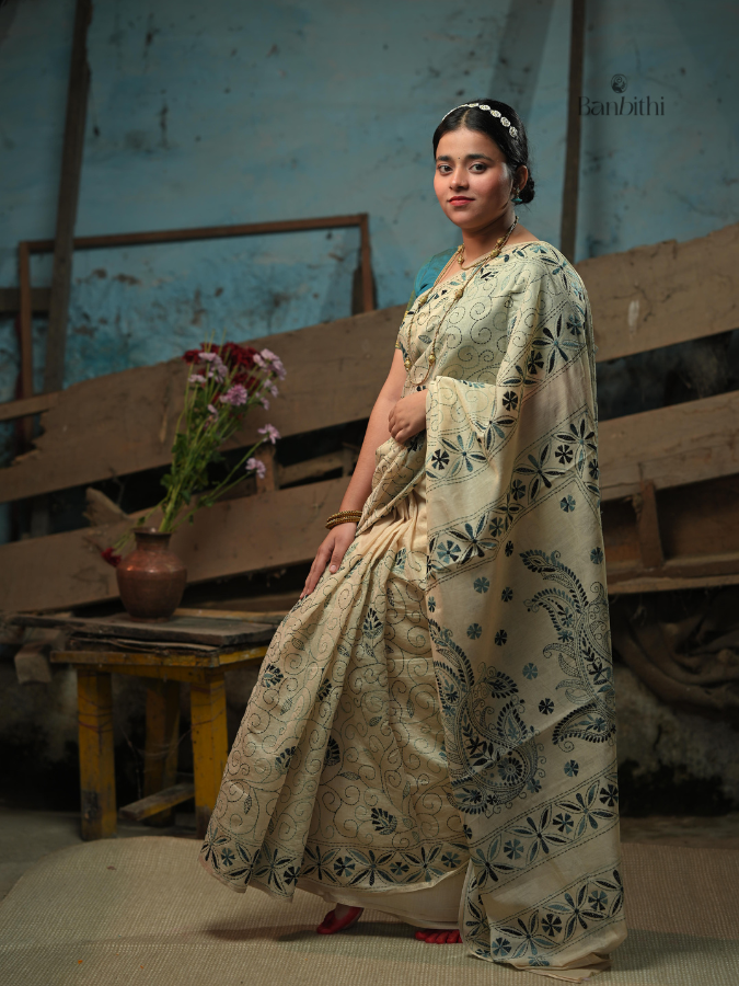 Hand Embroidered Sico Chanderi Saree – Off White with Blue Thread