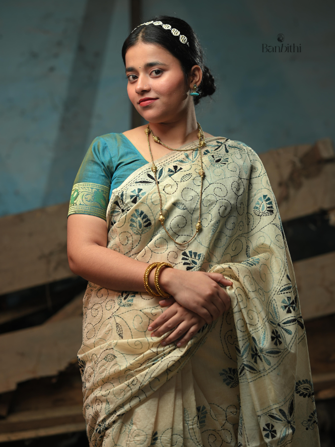 Hand Embroidered Sico Chanderi Saree – Off White with Blue Thread