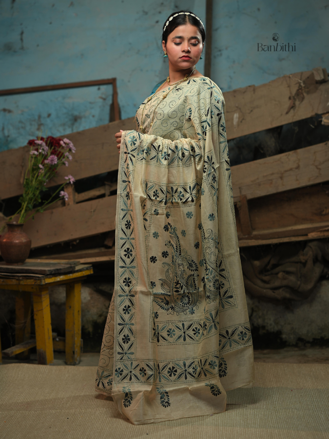 Hand Embroidered Sico Chanderi Saree – Off White with Blue Thread
