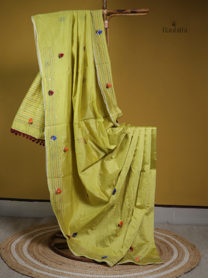 Olive Green Folk Embroidery Saree