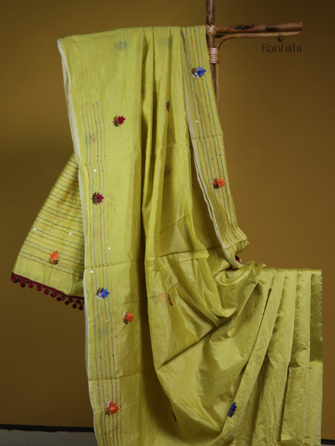 Olive Green Folk Embroidery Saree