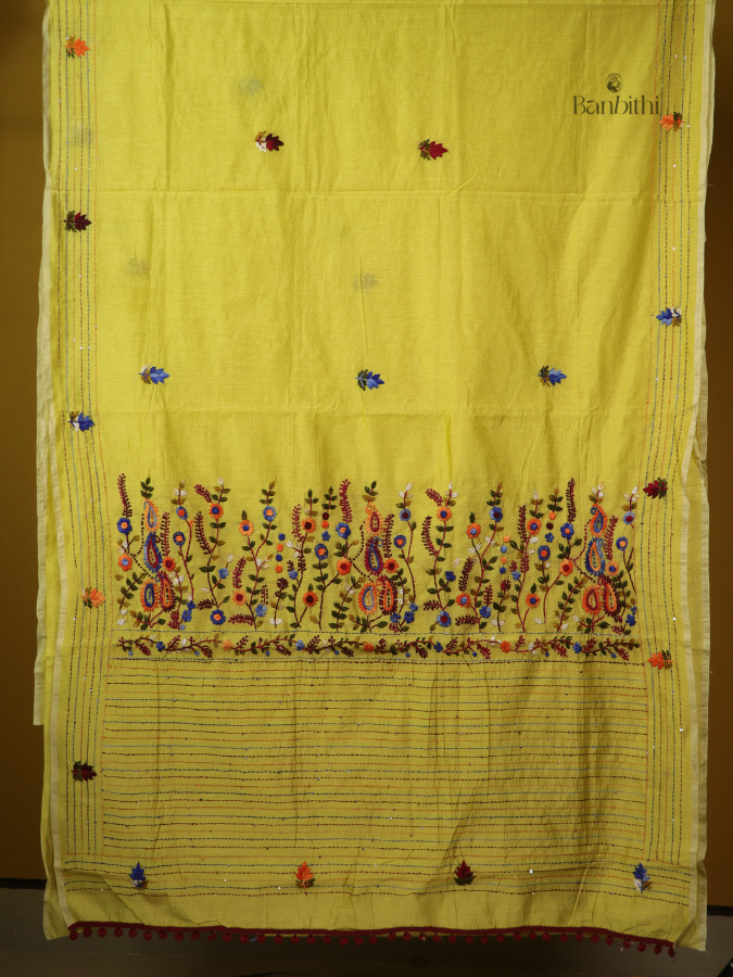 Olive Green Folk Embroidery Saree