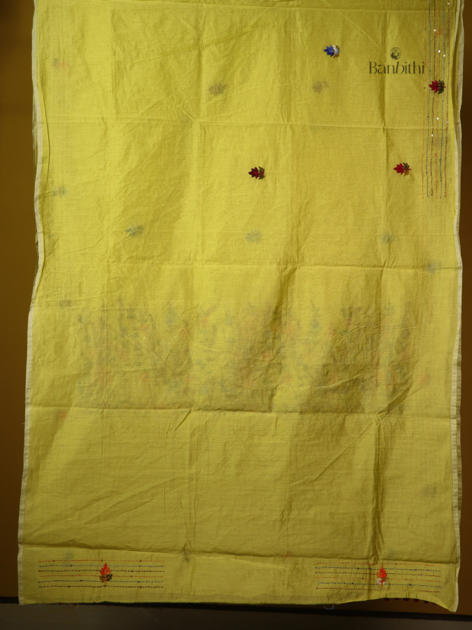 Olive Green Folk Embroidery Saree