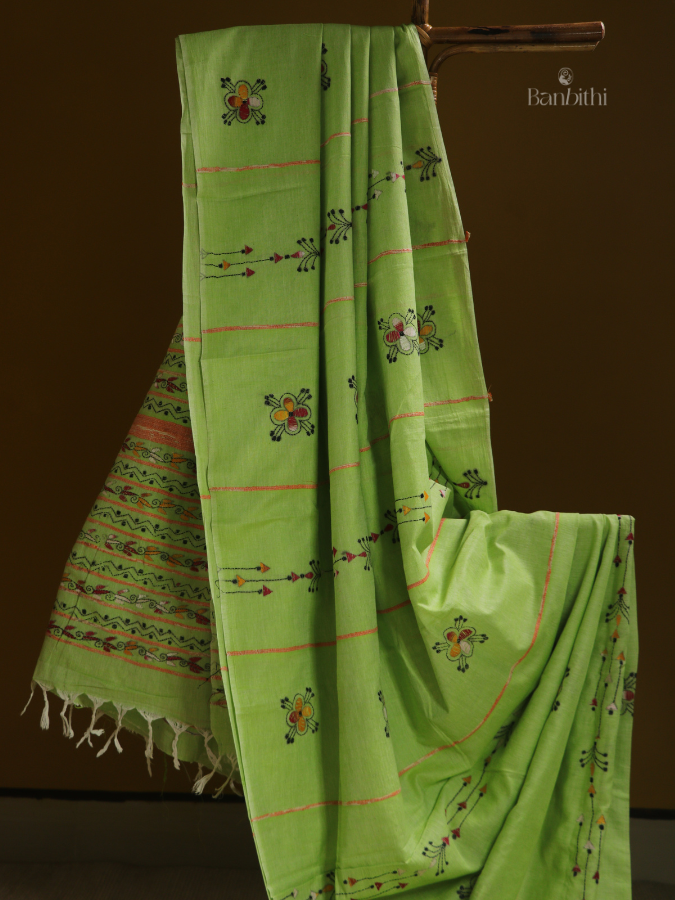 Leafy Green Kantha Cotton Saree