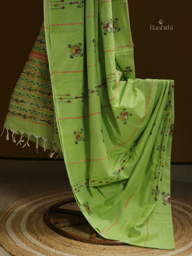 Leafy Green Kantha Cotton Saree