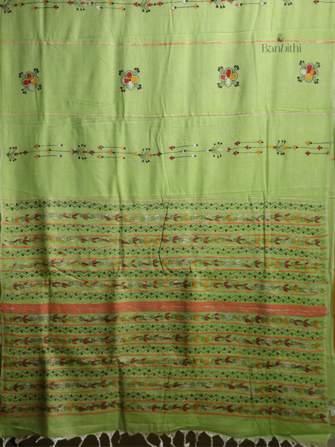 Leafy Green Kantha Cotton Saree