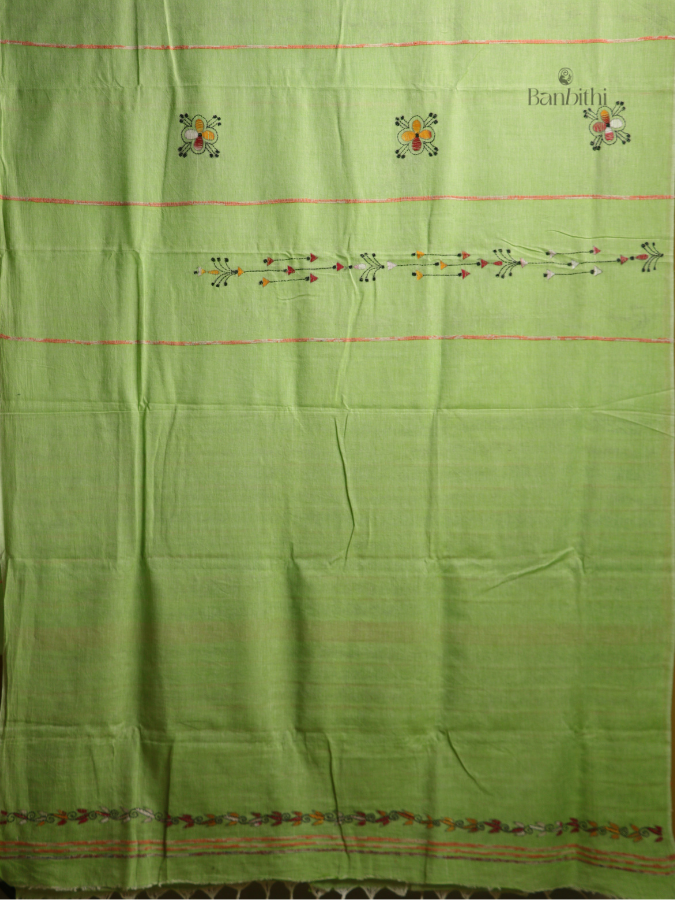 Leafy Green Kantha Cotton Saree