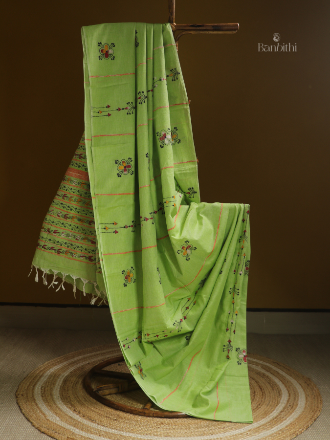 Leafy Green Kantha Cotton Saree