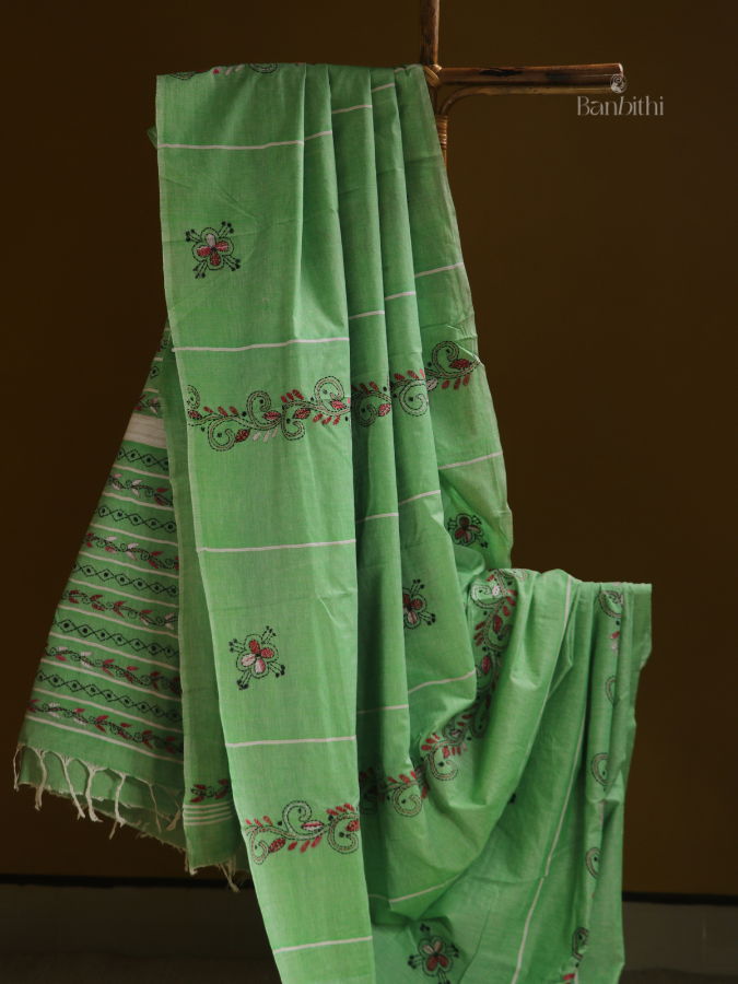 Mint Green Kantha Embroidered Saree