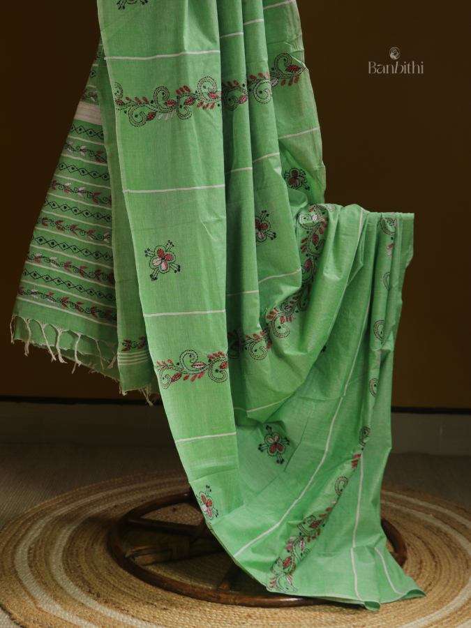 Mint Green Kantha Embroidered Saree