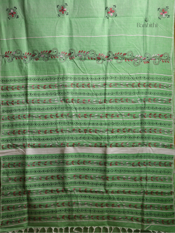 Mint Green Kantha Embroidered Saree