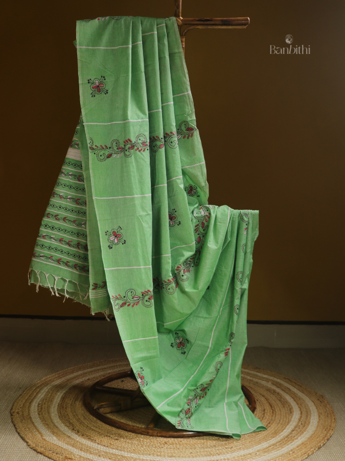 Mint Green Kantha Embroidered Saree