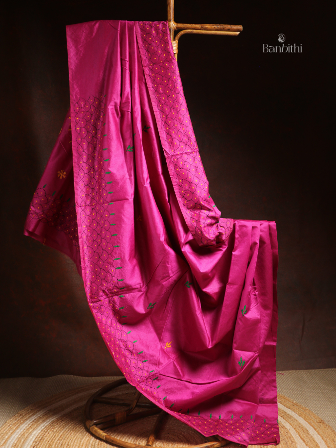 Hand Embroidered Saree – Magenta with Yellow & Green Thread