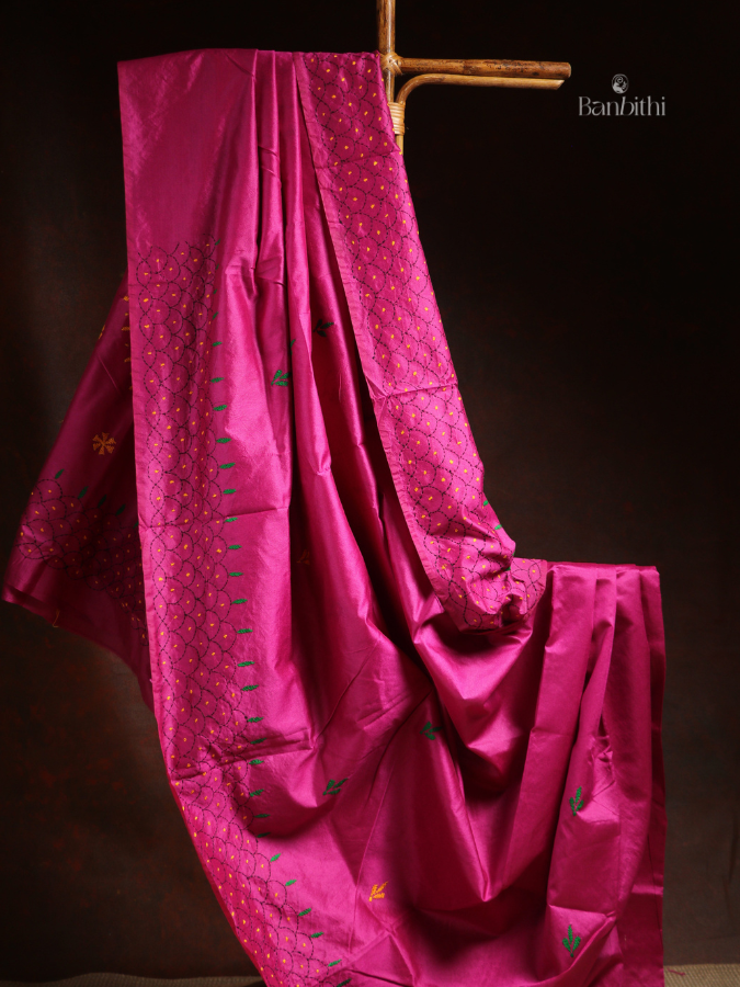 Hand Embroidered Saree – Magenta with Yellow & Green Thread