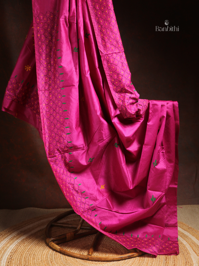 Hand Embroidered Saree – Magenta with Yellow & Green Thread