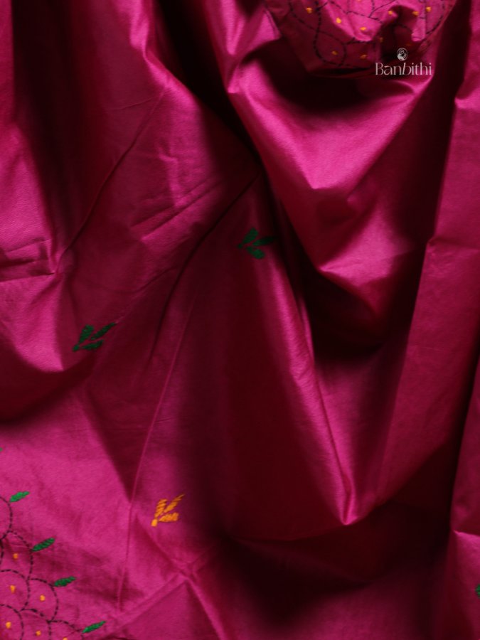 Hand Embroidered Saree – Magenta with Yellow & Green Thread